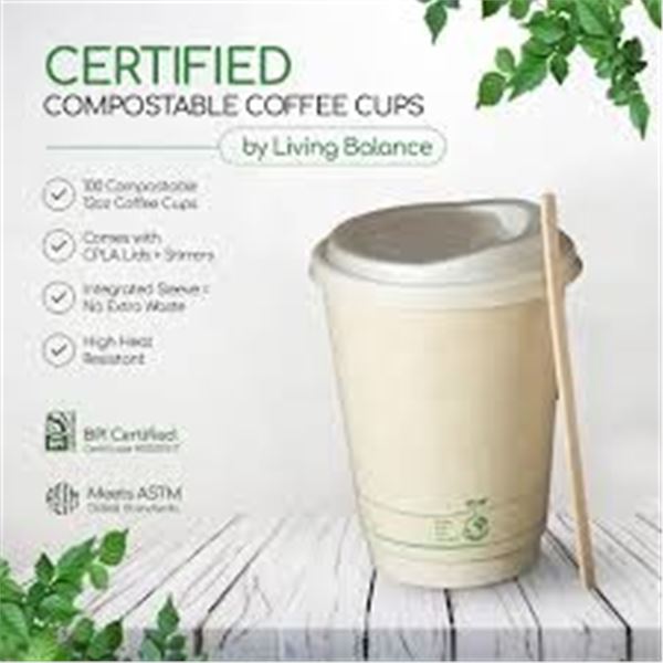 NEW COMPOSTABLE COFFEE CUPS W LIDS SLEEVES 100CT