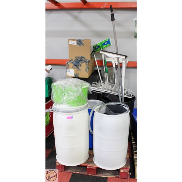 PALLET OF BARRELS AND GARBAGE CANS ETC.