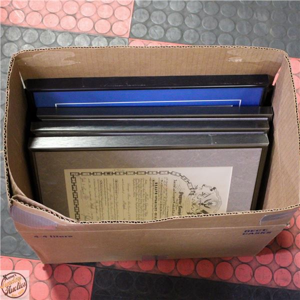 BOX OF FRAMED MASONIC LODGE DOCUMENTS