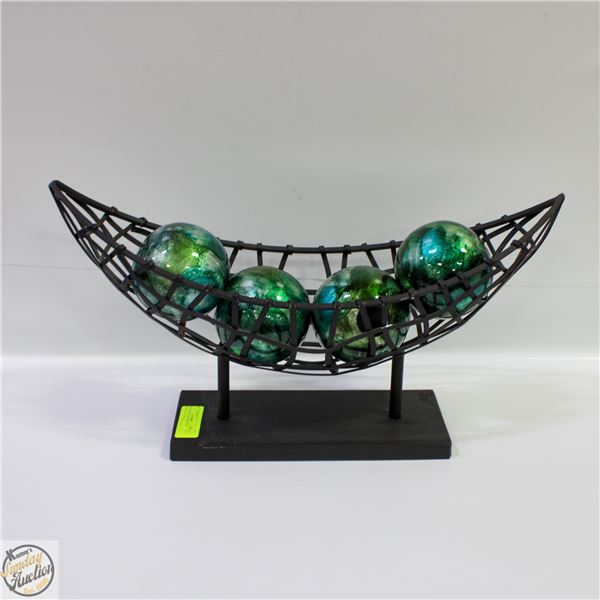 METAL BOAT ON STAND W/4 DECORATIVE BALLS