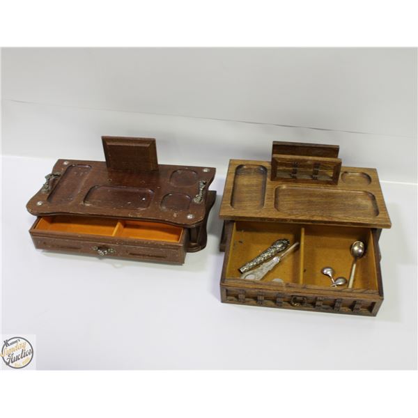 2 VINTAGE WOODEN JEWELRY BOXES (1 WITH SOME