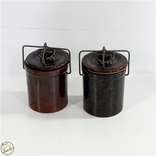 PAIR OF VINTAGE GLAZED CHEESE STORAGE CROCKS