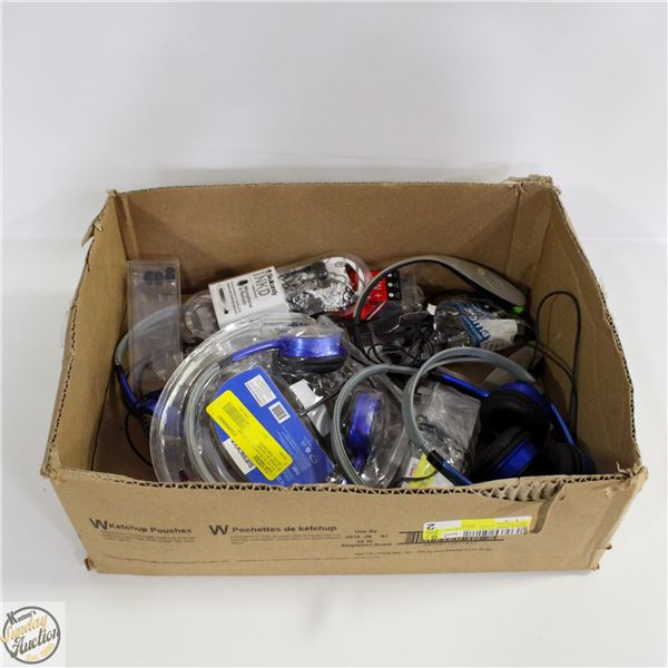 BOX WITH VARIOUS HEADPHONES & EARBUDS