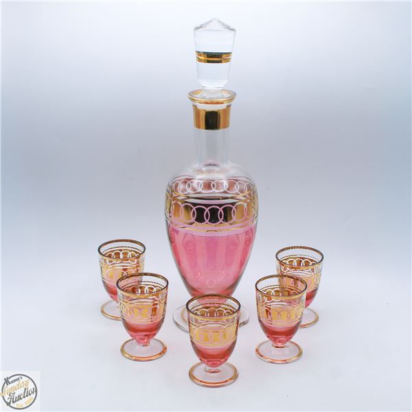 VINTAGE PINK DECANTED WITH 5 SHOT GLASSES