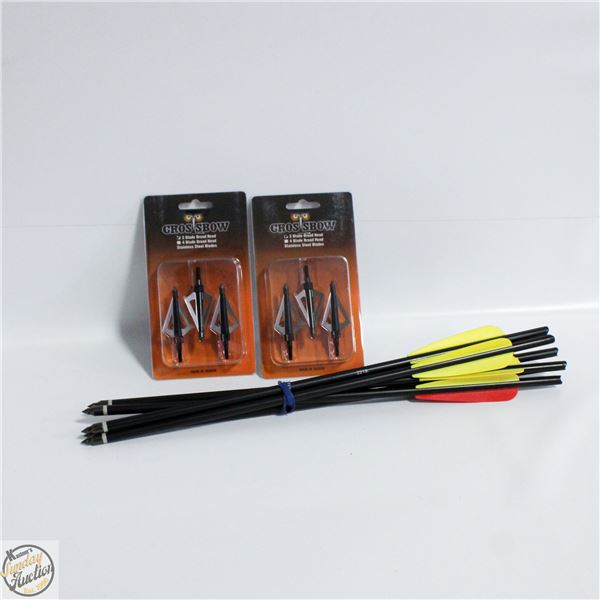6 CROSSBOW ARROWS & 6 NEW 3 BLADE HUNTING TIPS