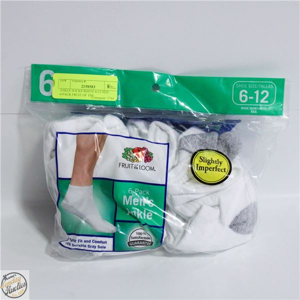 ANKLE SOCKS WHITE 6-12 SIZE 6-PACK FRUIT OF THE