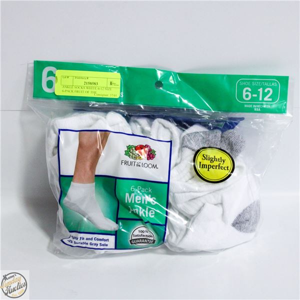 ANKLE SOCKS WHITE 6-12 SIZE 6-PACK FRUIT OF THE