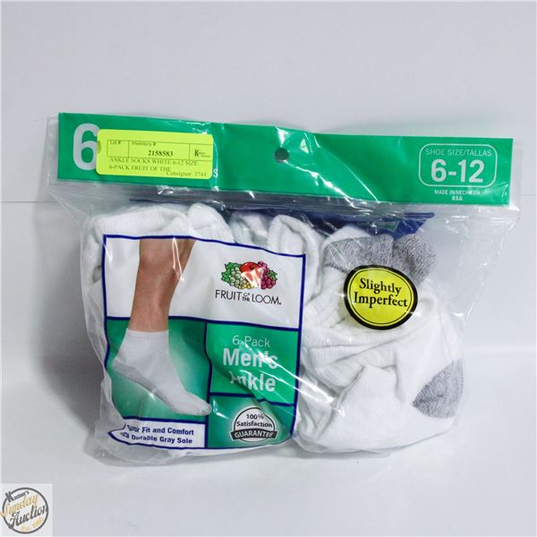 ANKLE SOCKS WHITE 6-12 SIZE 6-PACK FRUIT OF THE