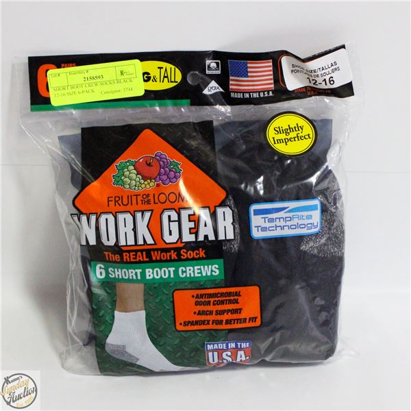 SHORT BOOT CREW SOCKS BLACK 12-16 SIZE 6-PACK