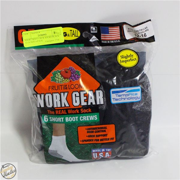 SHORT BOOT CREW SOCKS BLACK 12-16 SIZE 6-PACK