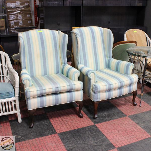 PAIR OF STRIPED WOODEN LEGGED ARM CHAIRS