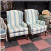 Image 1 : PAIR OF STRIPED WOODEN LEGGED ARM CHAIRS