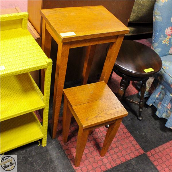 PAIR OF WOODEN PLANT STANDS 1 SHORT 1 TALL