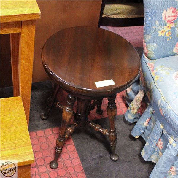 BRASS FOOTED ROUND SOLID WOOD PIANO STOOL