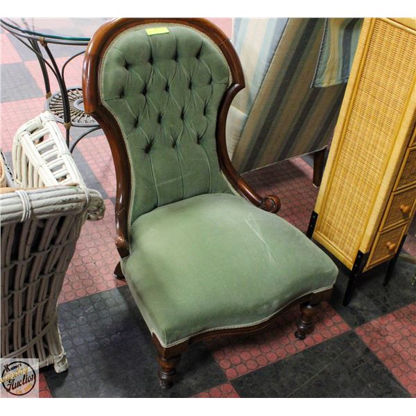 ANTIQUE GREEN VELVET UPHOLSTERED