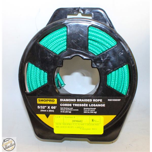 NEW SHOPRO 5/32 X 66FT DIAMOND BRAIDED ROPE -GREEN