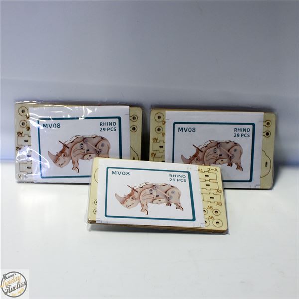 3 X RHINO WOODEN MODEL SETS WITH MOVING PARTS