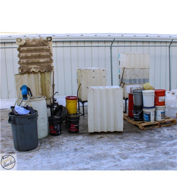 LARGE LOT OF OIL/FLUID CHANGE BINS ETC.