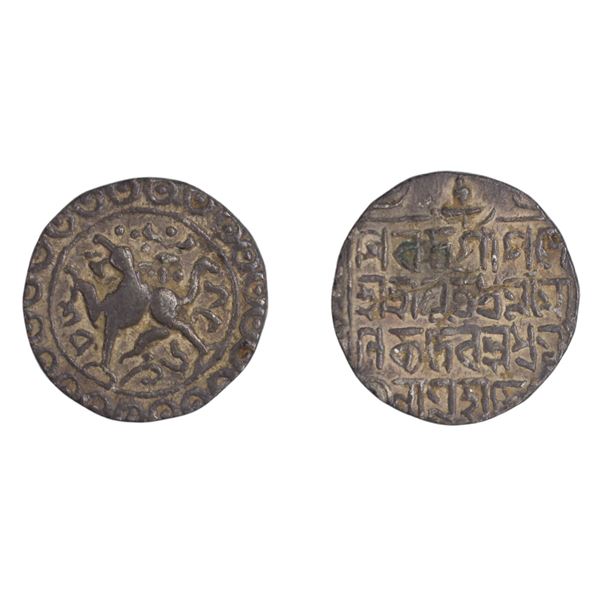 Tripura: Dharma Manikya, Silver Tanka, Saka 1636, citing Queen Dharmasila