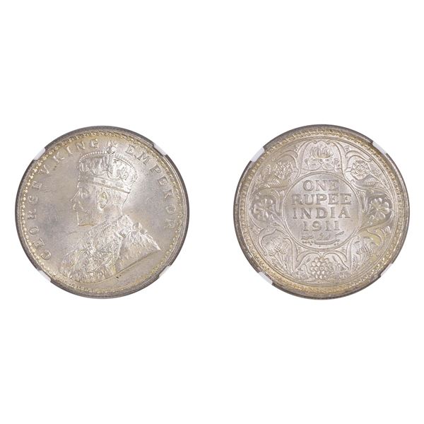 British India: George V, 1911, Silver Rupee, Pig-type, Calcutta, NGC MS 64+
