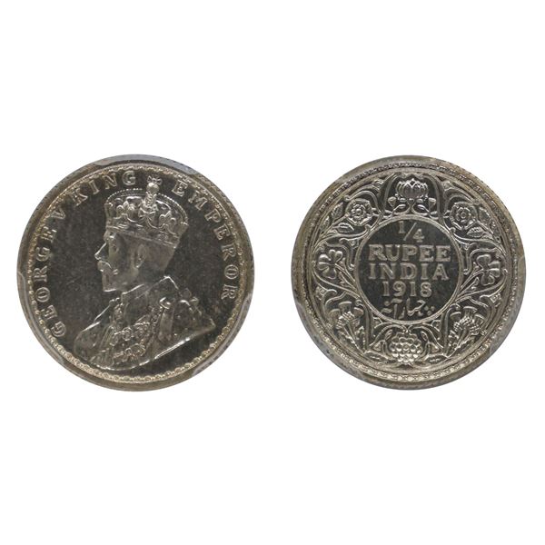 British India: George V, 1918, Silver 1/4 Rupee, Calcutta, Proof Restrike, PR 65