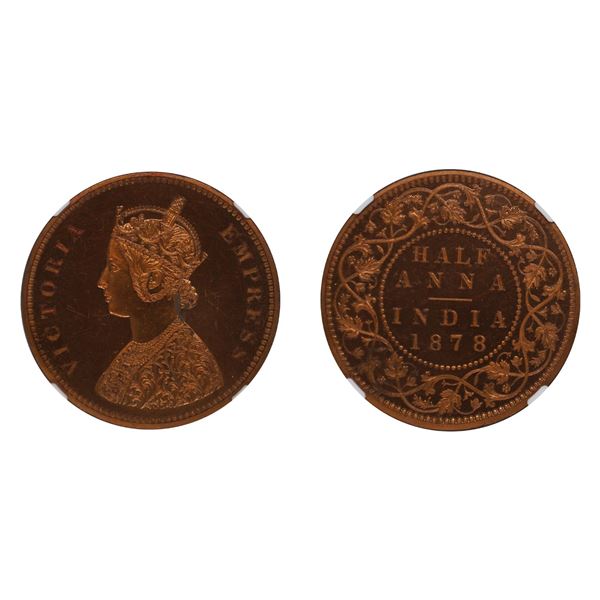 British India: Victoria, 1878, Copper 1/2 Anna, Proof Restrike, PR 64 RD