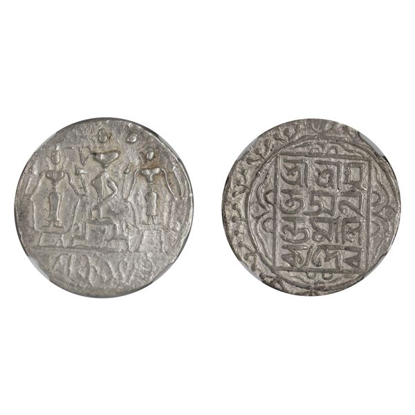 Tripura: Ananta Manikya, Silver tanka, Saka 1486, Krishna playing flute on dais with female attendan