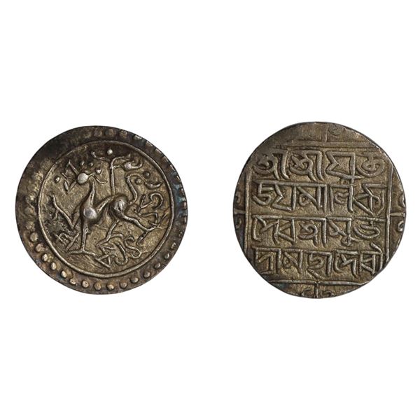 Tripura: Jaya Manikya, Silver Tanka, Saka 1495, citing Queen Subhadra