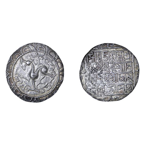 Tripura: Amara Manikya,  Silver Tanka, Saka1502, with title 'Conquerer of the World,' citing Queen A