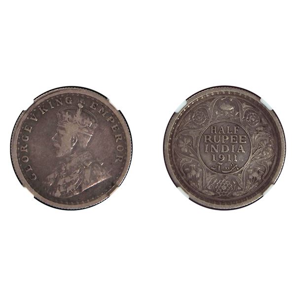 British India: George V, 1911, pig-type, Silver 1/2 Rupee, Calcutta, NGC Fine, Extremely Rare