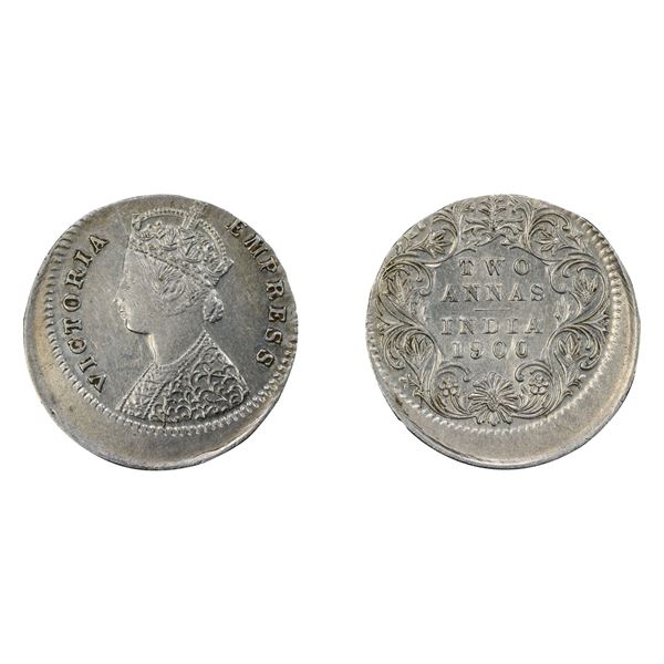British India: Victoria, 1900, Silver 2 Anna, 30% Shifted, Bombay, AU 55