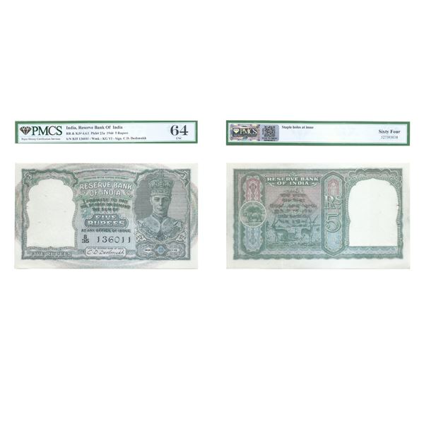 British India: 1944, King George VI, 5 Rupee