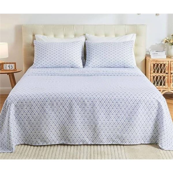 Go Green Queen Size 4-Piece Bed Sheet Set with Blue Leaf Pattern King