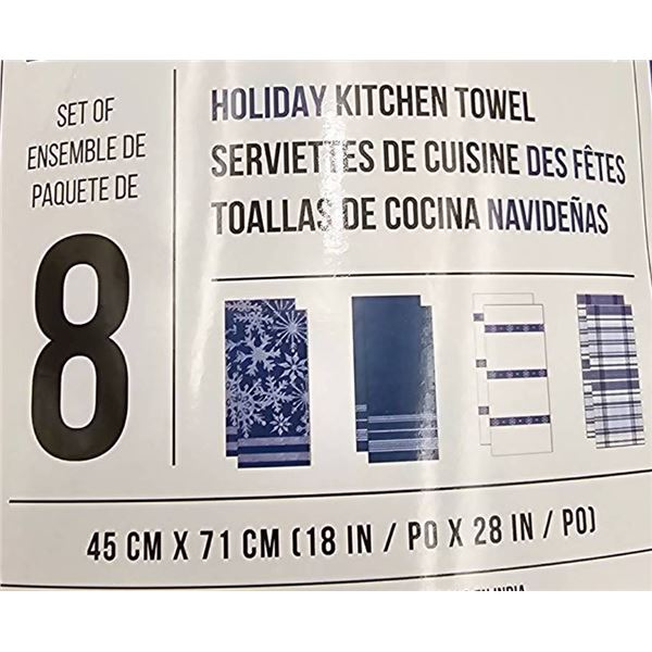 8 Holiday Kitchen Towels, 45×71 cm in Blue and White Design