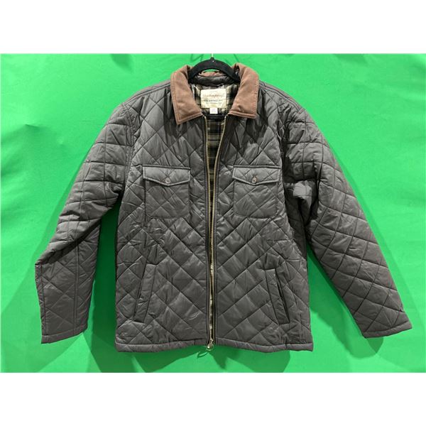 Weatherproof Quilted Jacket with Plaid Lining and Brown Collar, Size L/G