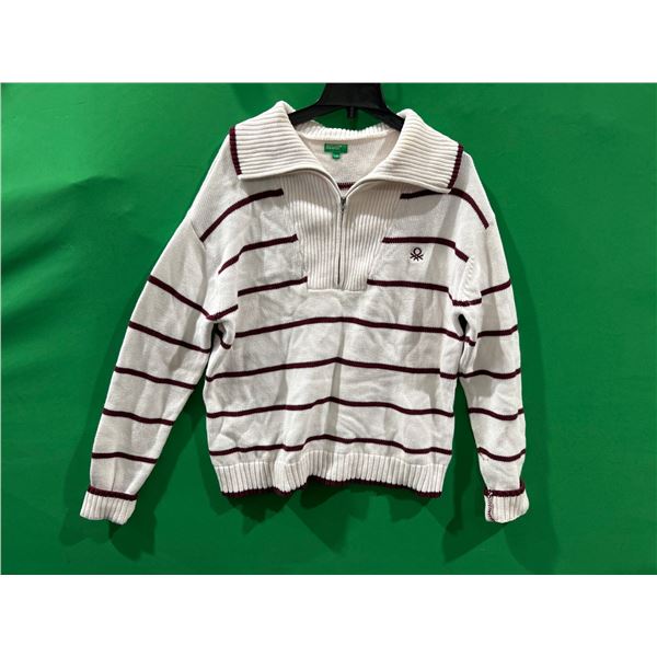 United Colors of Benetton White and Maroon Striped Sweater – Size L/G