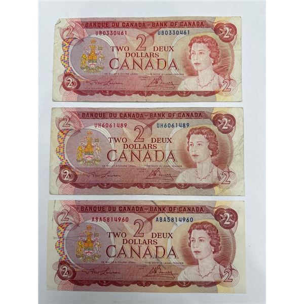 Three 1974 Bank of Canada Two Dollar Notes, Modified Portrait