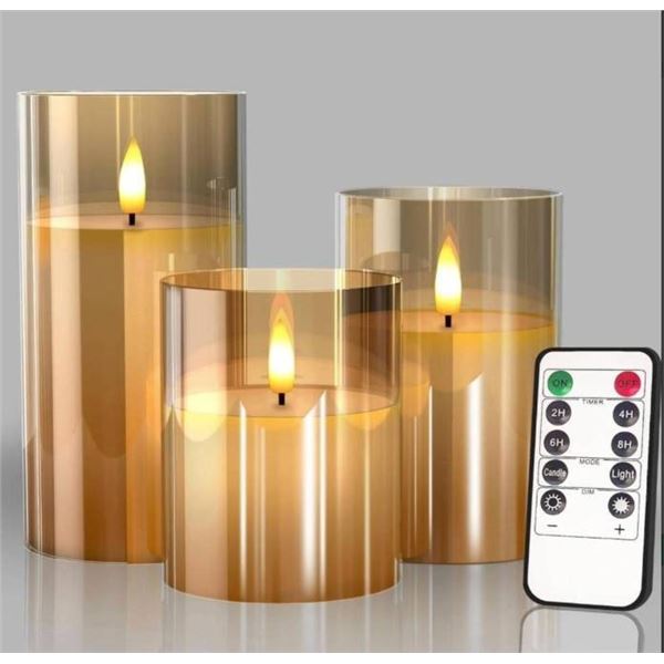 Glass Battery Operated LED Flameless Candles With Remote and Timer, Pack of 3