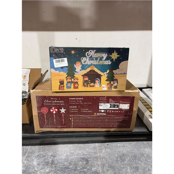 Lot of 13-Piece Nativity Set and 12-Piece Solar Christmas Stake Lights