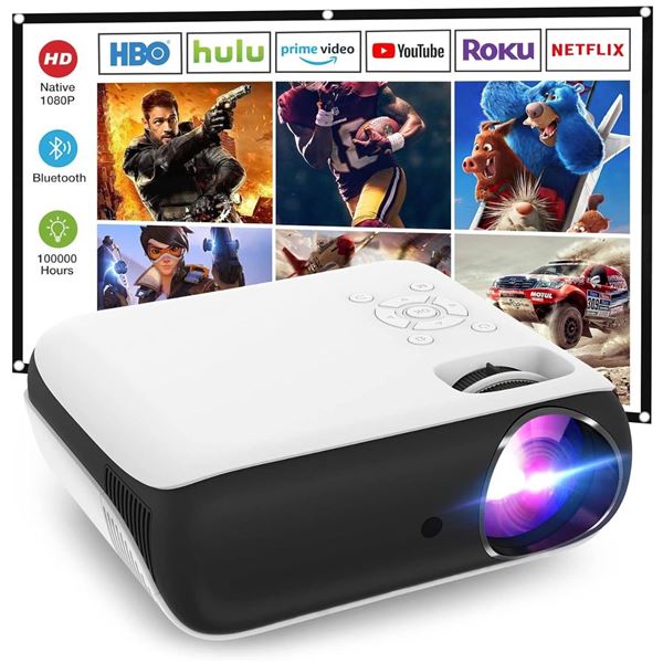 HAPPRUN Projector, Native 1080P Bluetooth Projector with 100”Screen, 9500L Portable Outdoor