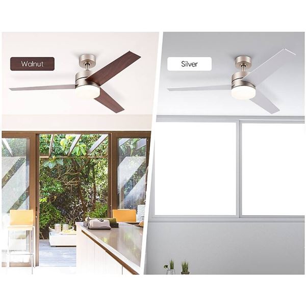Brushed Nickel with Silver and Walnut Blades Color-Changing LED Ceiling Fan With Light and Remote Co