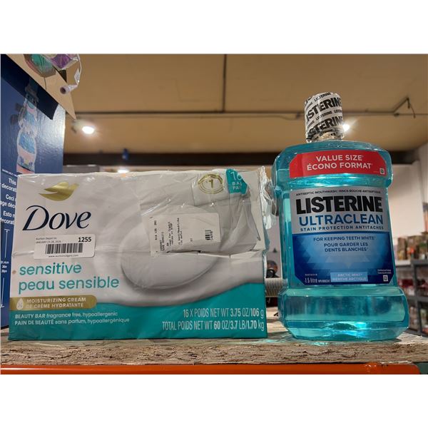 Lot of Dove Sensitive Soap and Listerine Ultraclean Mouthwash