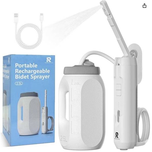 Reccar Portable Rechargeable Bidet Sprayer, 2.5L, 3.7V, White