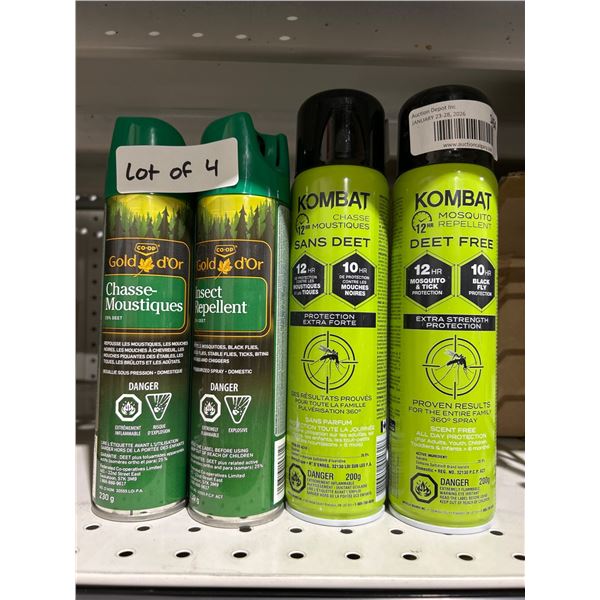 4 Insect Repellent Sprays – Gold d’Or and Kombat Brands, 230g and 200g