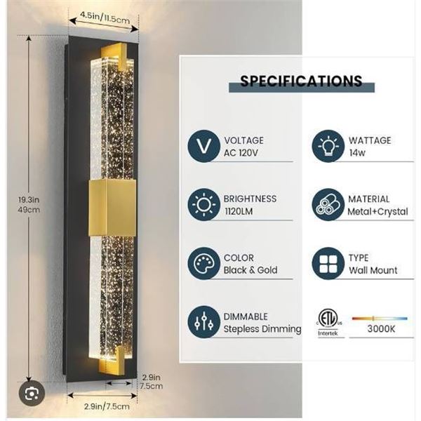 Wall Light Fixture, Model 8012WL-10BG-US, Gold and Black, 3000K
