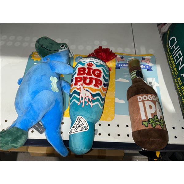 Lot of 3 Assorted Plush Dog Toys Featuring Dinosaur, Big Pup Bottle, and Doggie IPA Bottle