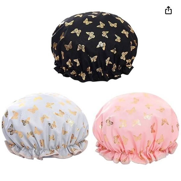 3Pcs Shower Cap Waterproof Elastic Bath Cap Heart Shape Style Double Layers Bath Hair Protection Hat