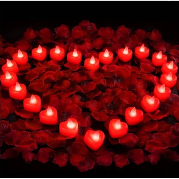 AMAGIC 24 Pack Heart Red Tealights with 2000 Pas Artificial Petals, Battery Operared Candles Led Tea