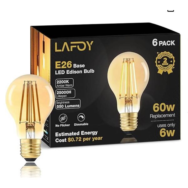 Lafoy E26 Base LED Edison Bulb, 60W Replacement, Pack of 6