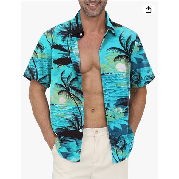 Gavliuu Men’s Hawaiian Shirt Short Sleeves, Green Beach, Size L